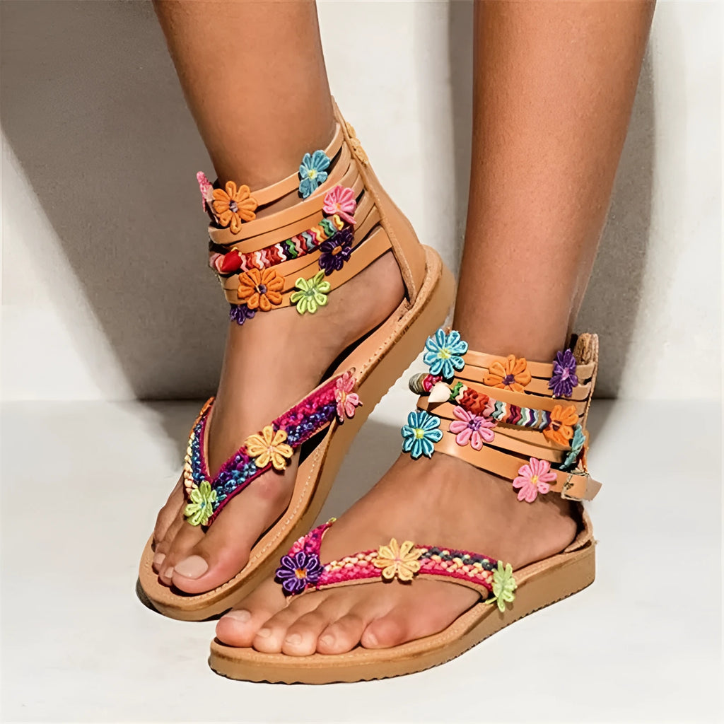 Ethnic style Roman sandals with beaded petal floral decoration on PU upper, round toe flat design