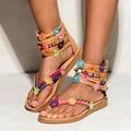 Ethnic style Roman sandals with beaded petal floral decoration on PU upper, round toe flat design