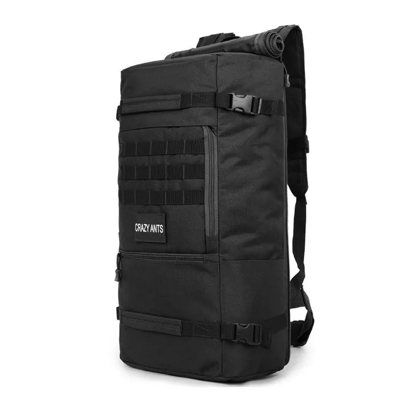 60 litre camouflage tactical backpack made from waterproof nylon with double shoulder straps, outdoor use.