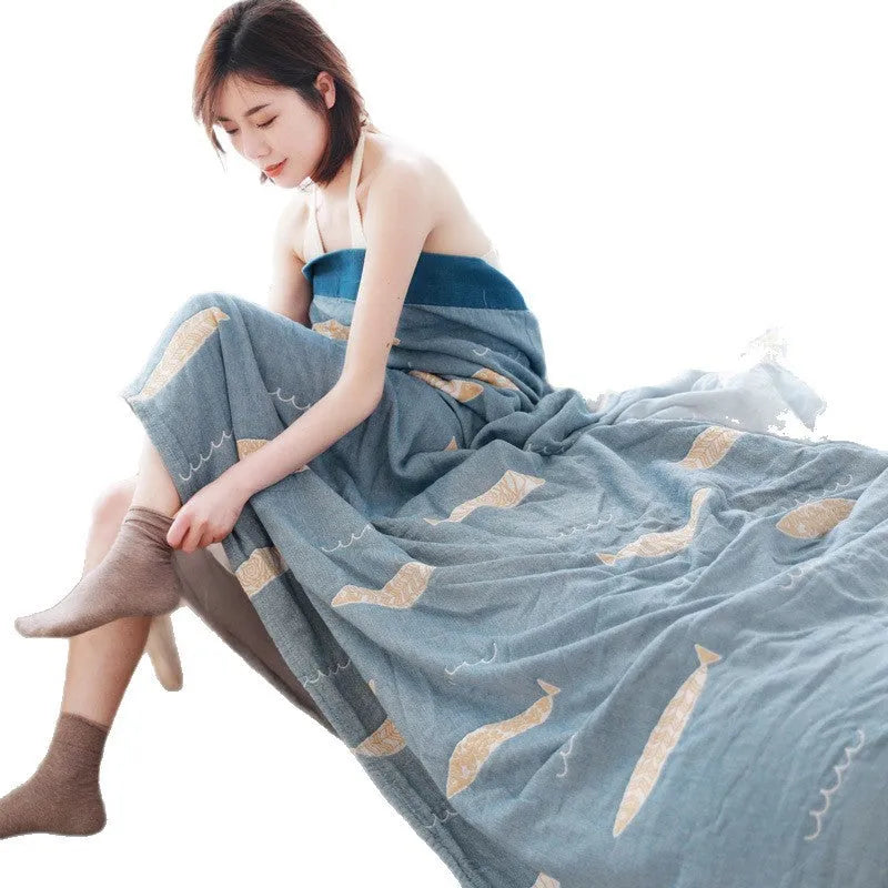 Pure cotton five-layer gauze bed sheet blanket with Roulette Wheel Blue pattern in modern simplicity style