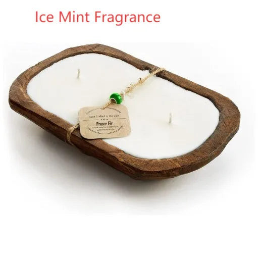Retro-style wooden basin containing a Lavender soy wax aromatherapy candle with three visible wicks.
