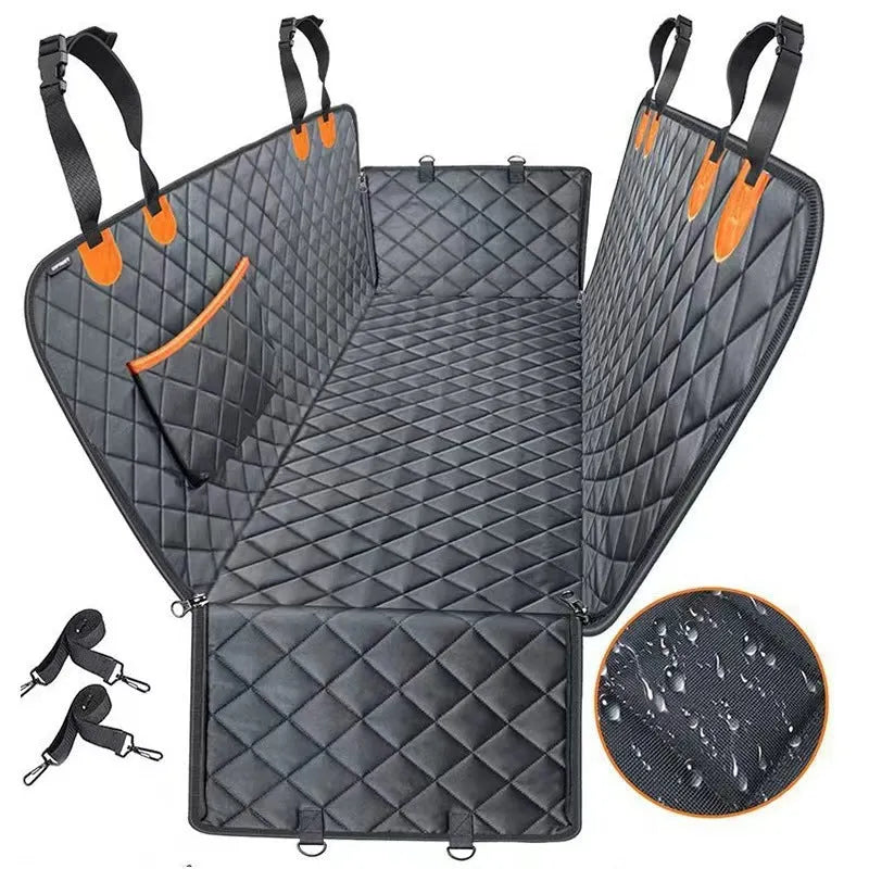 Pet car rear seat cushion cloth orange with pocket 137x147cm anti-bite water resistant dog seat cover