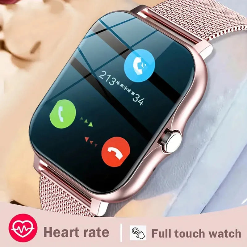 Smart watch with touch screen showing Bluetooth calling and health tracking features on silicone strap