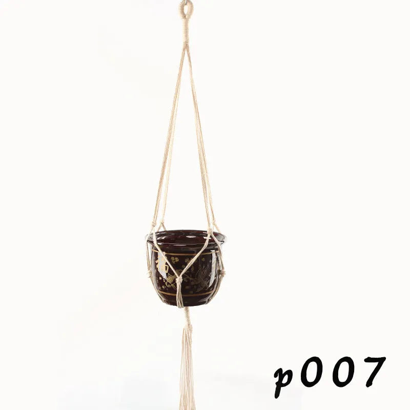 Woven wire cotton rope macramé plant hanger in a European village style, shown as a desktop, wall-mounted, and hanging basin.