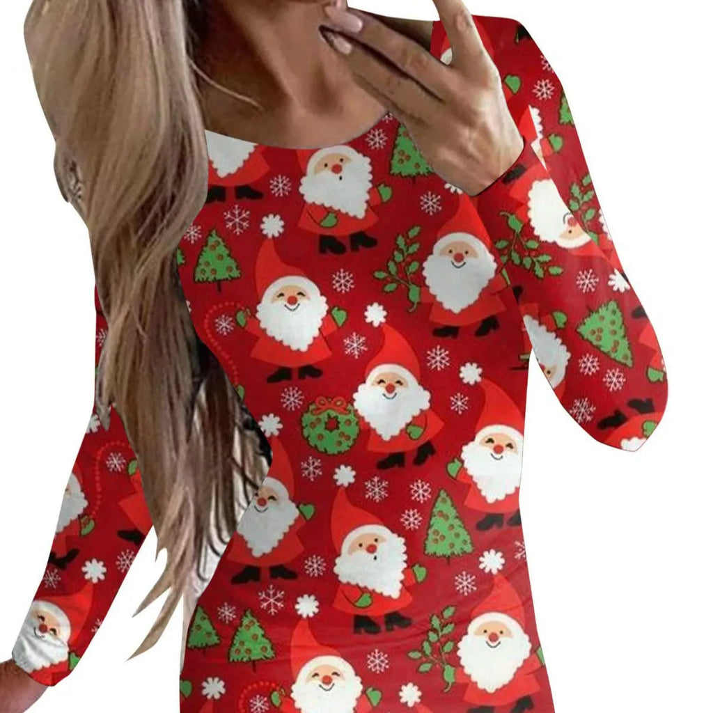 Women's tight-fitting Christmas dress with animal print and long sleeves in a floral colour.