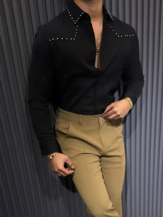 Black button-down collar shirt in regular fit polyester, front view, sized S to 3XL