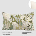Antique green wool blend cushion with abstract spring flowers pattern, shown in square and lumbar sizes.