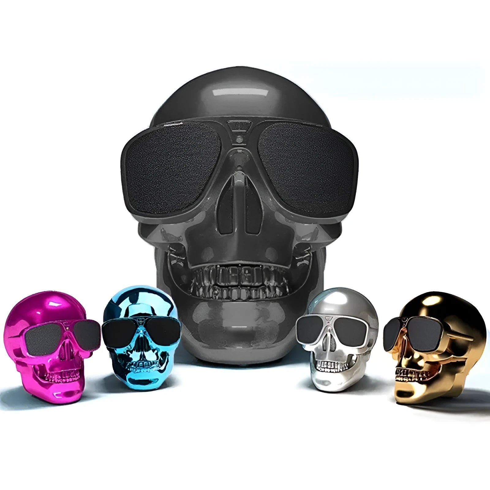 Skull-shaped wireless Bluetooth speaker in six colours with compact portable design and 10-hour battery