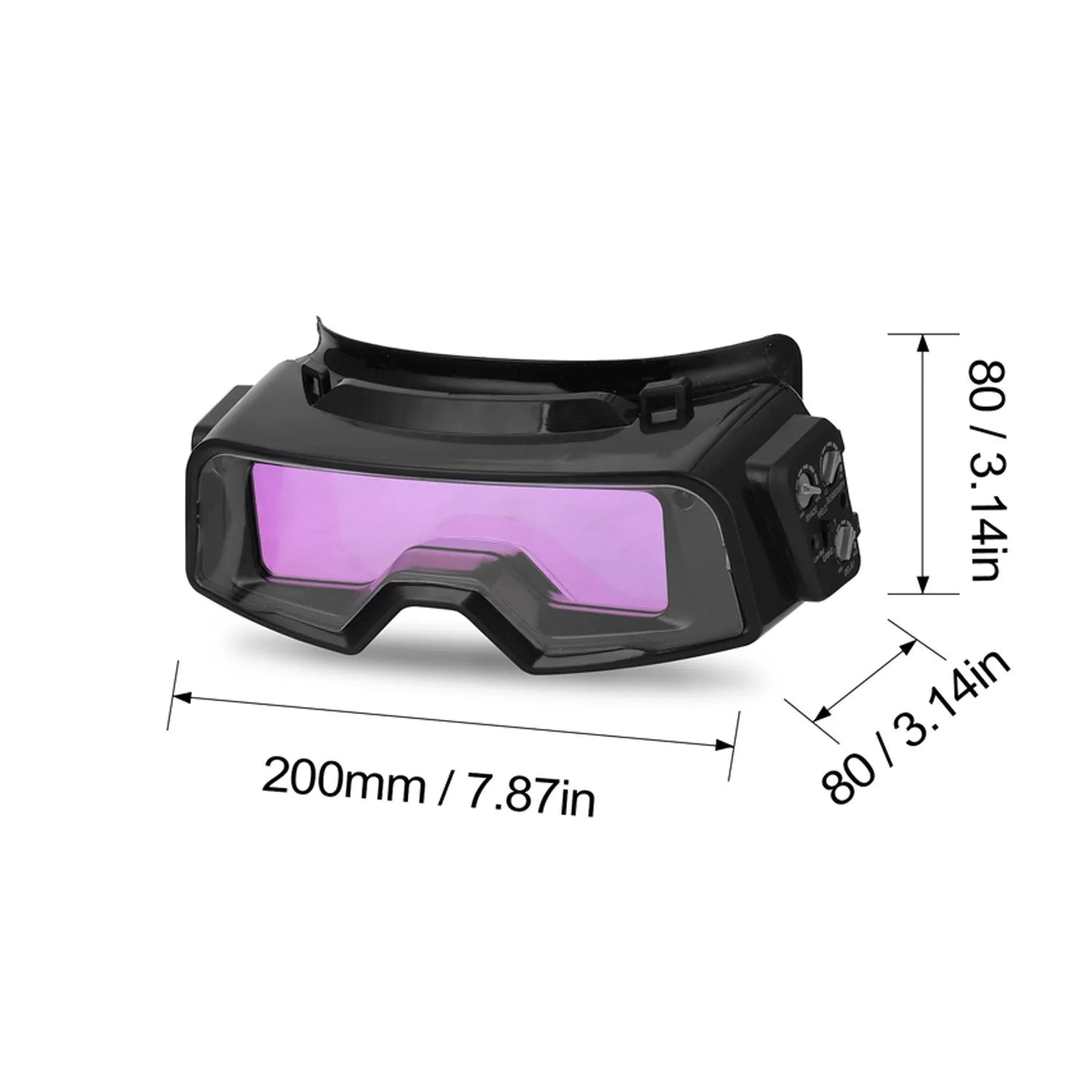 Black automatic welding mask with a large rectangular viewing lens and head strap.