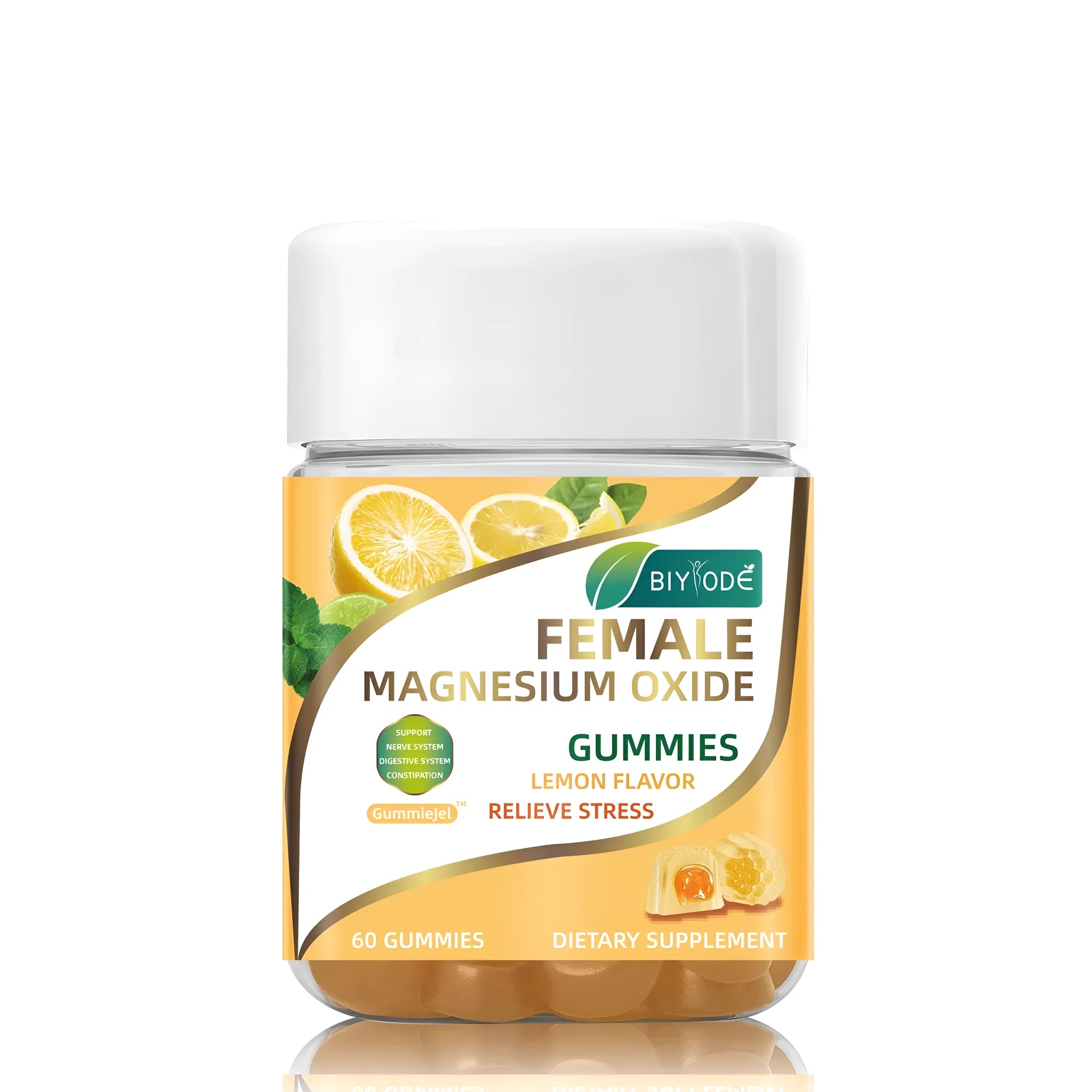 Bottle of lemon-flavoured magnesium oxide gummies supplement for stress relief and sleep support, 60 gummies per bottle