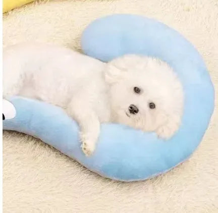 U-shaped cat neck protection pillow in moon and question mark styles with blue, white, and yellow colour options