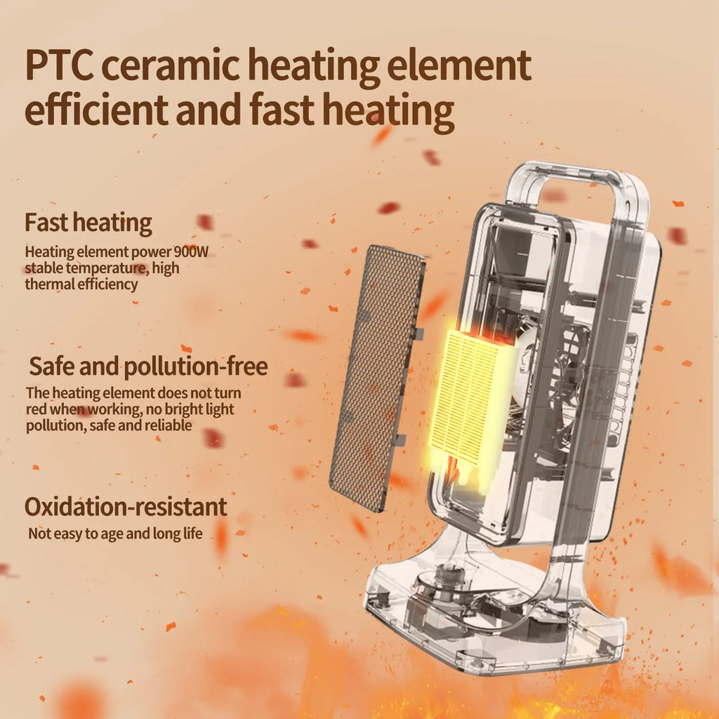 Black PTC ceramic desktop heater showing control knob and compact dimensions