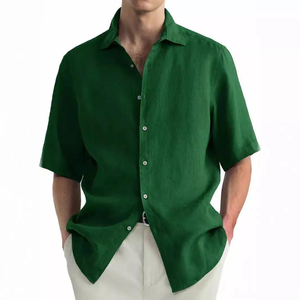 Green washed cotton men's casual shirt in a cardigan style, laid flat.