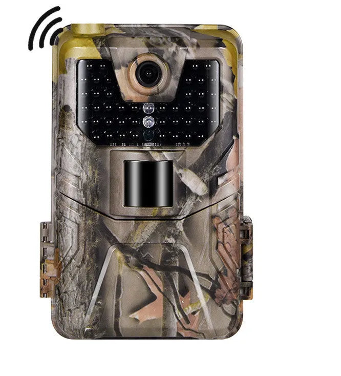 Camouflaged outdoor hunting camera with infrared LEDs, showing compact size for discreet placement.