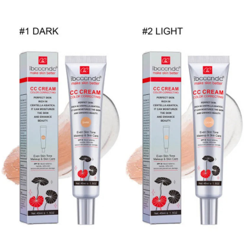 Erborian CC Cream tube in dark and light shade options for colour correcting makeup.