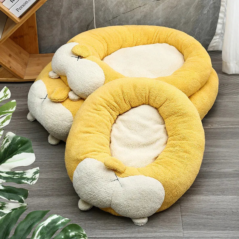 Brown and white corgi-shaped plush pet bed for dogs or cats