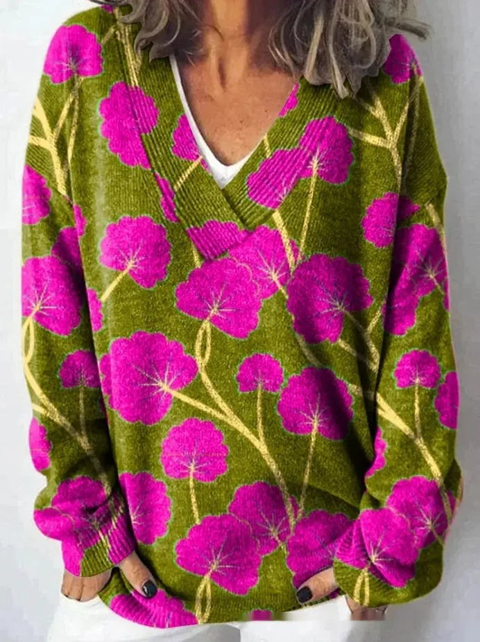 White women's V-neck long sleeve sweatshirt with a detailed 3D floral pattern print.