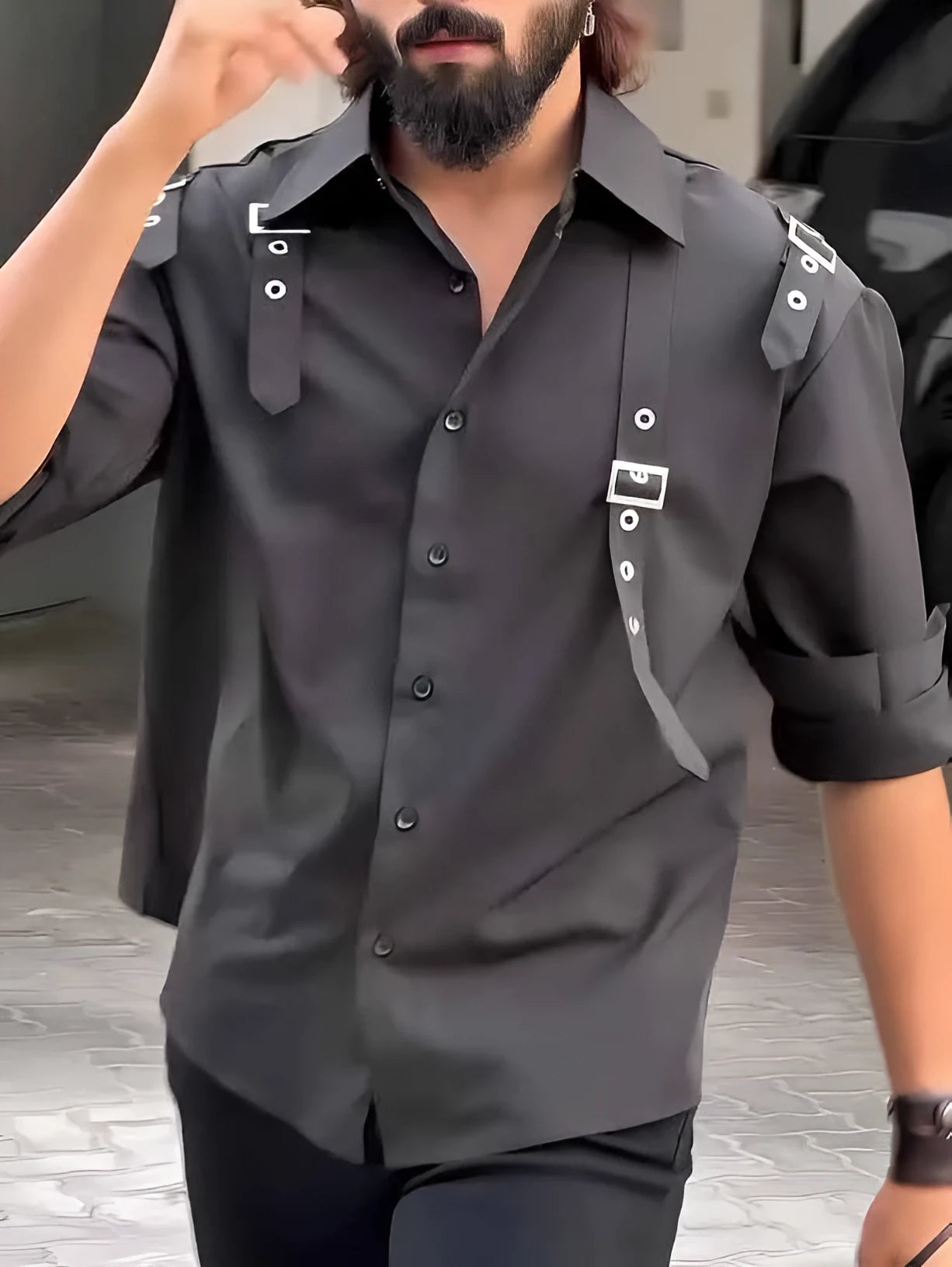 Men's black utility style button-up short sleeve shirt on a hanger