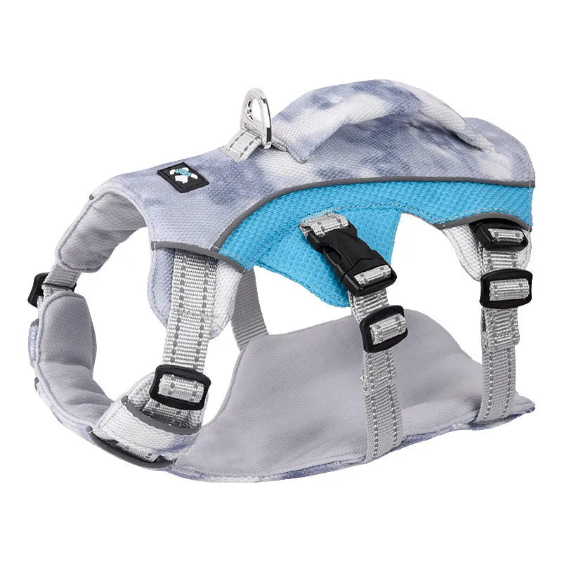 Reflective pet cooling vest chest strap in light blue, pink, dark blue, and orange colour options.