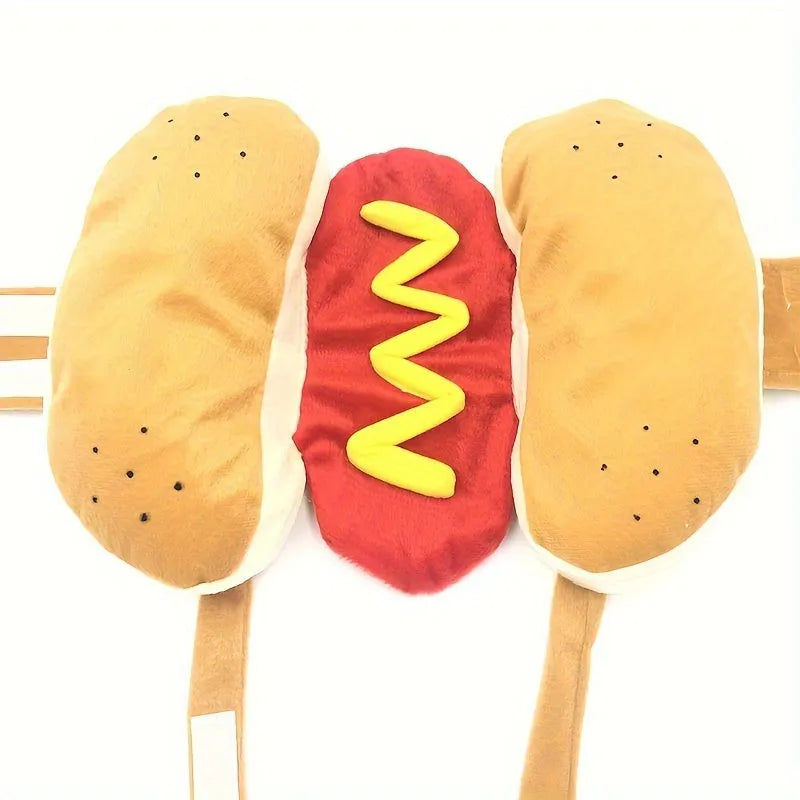 Small dog wearing a stuffed brown and beige hot dog costume with bun.