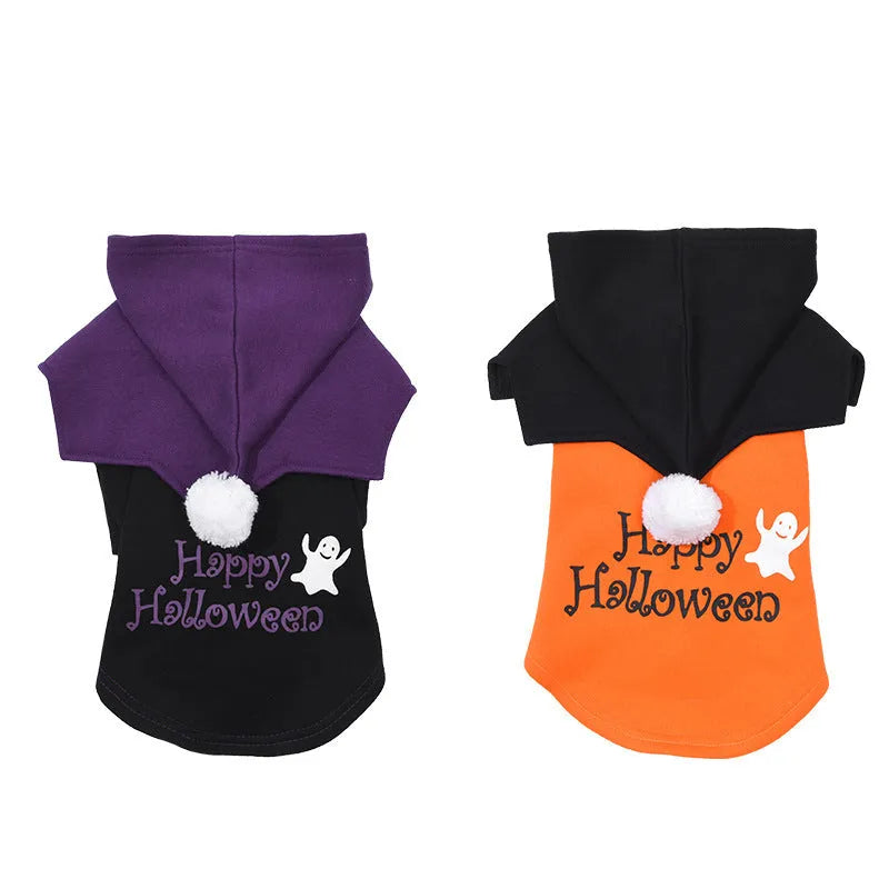 Halloween pumpkin two-piece dog costume sweater and shawl set in black and orange