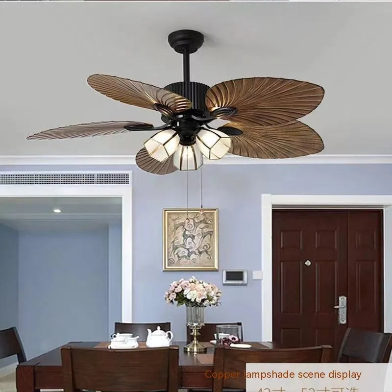 Retro-style brown and copper ceiling fan light with wooden blades and integrated lights.