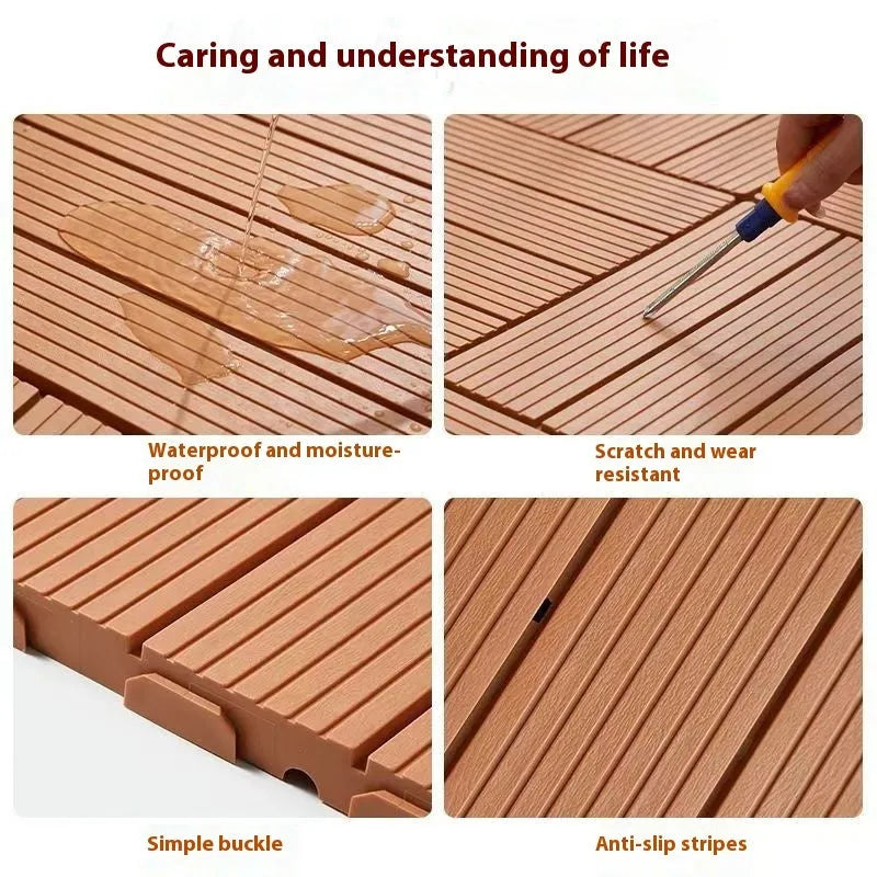 Wood grain plastic interlocking floor tile showing non-slip surface texture