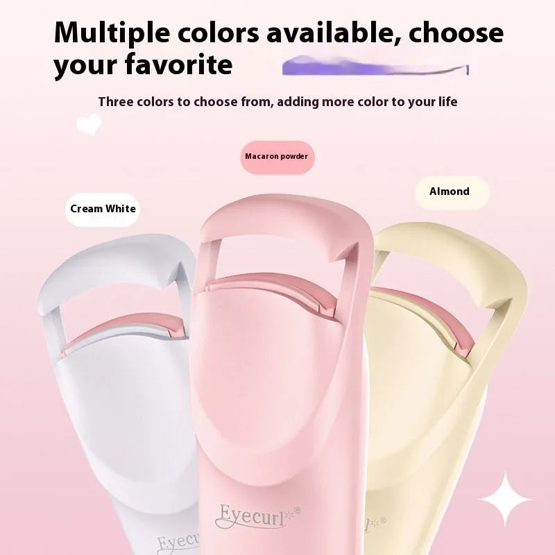 USB-C rechargeable electric eyelash curler in cream white, pink, or apricot with charging cable