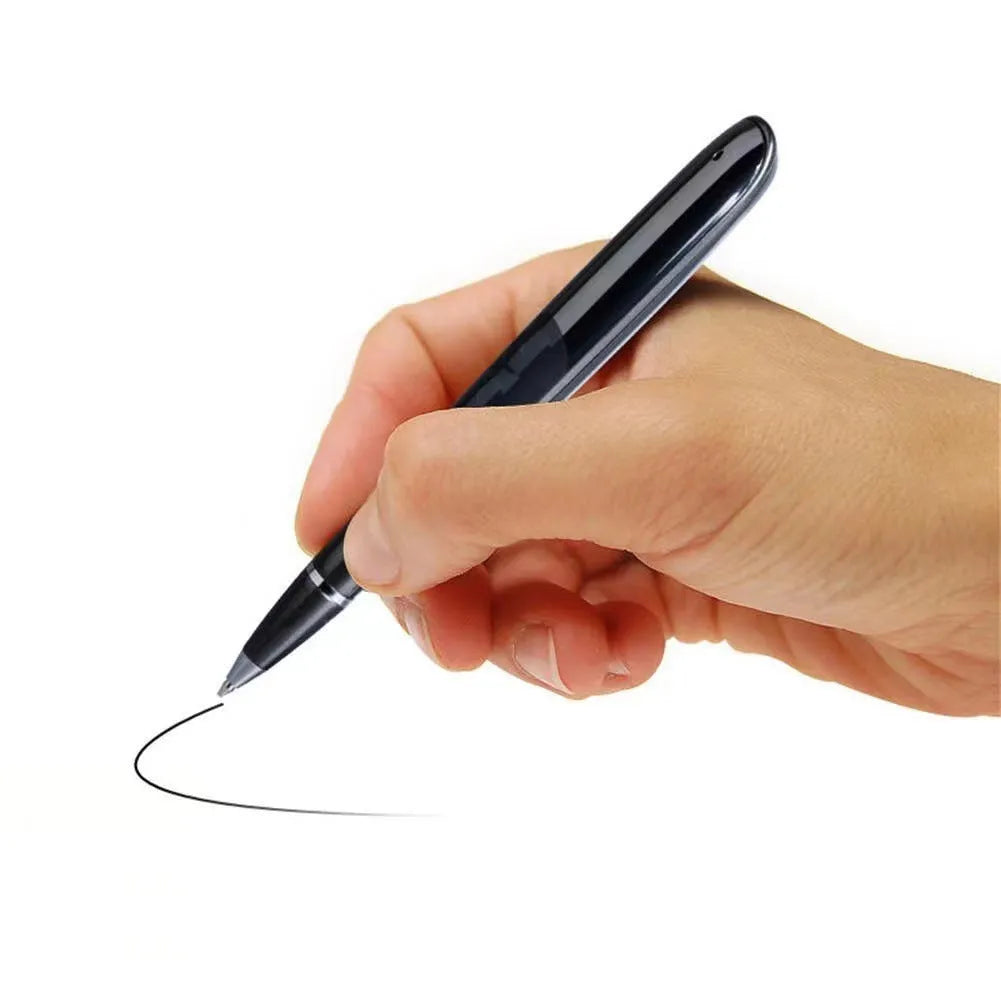 Black lossless recording pen with OLED display screen showing recording information