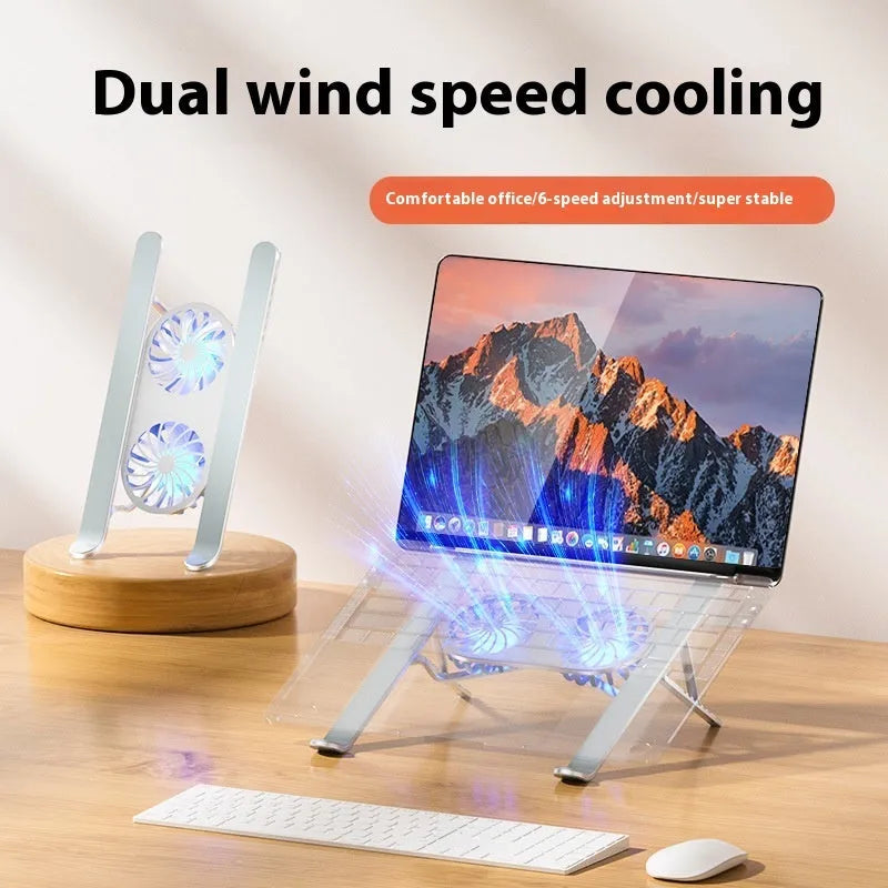 Silver aluminium laptop stand with dual cooling fans in folded position on desk