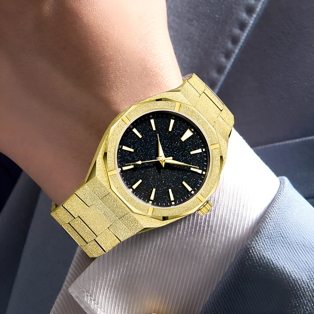Stainless steel business watch with frosted case and luminous markers in silver, gold or black