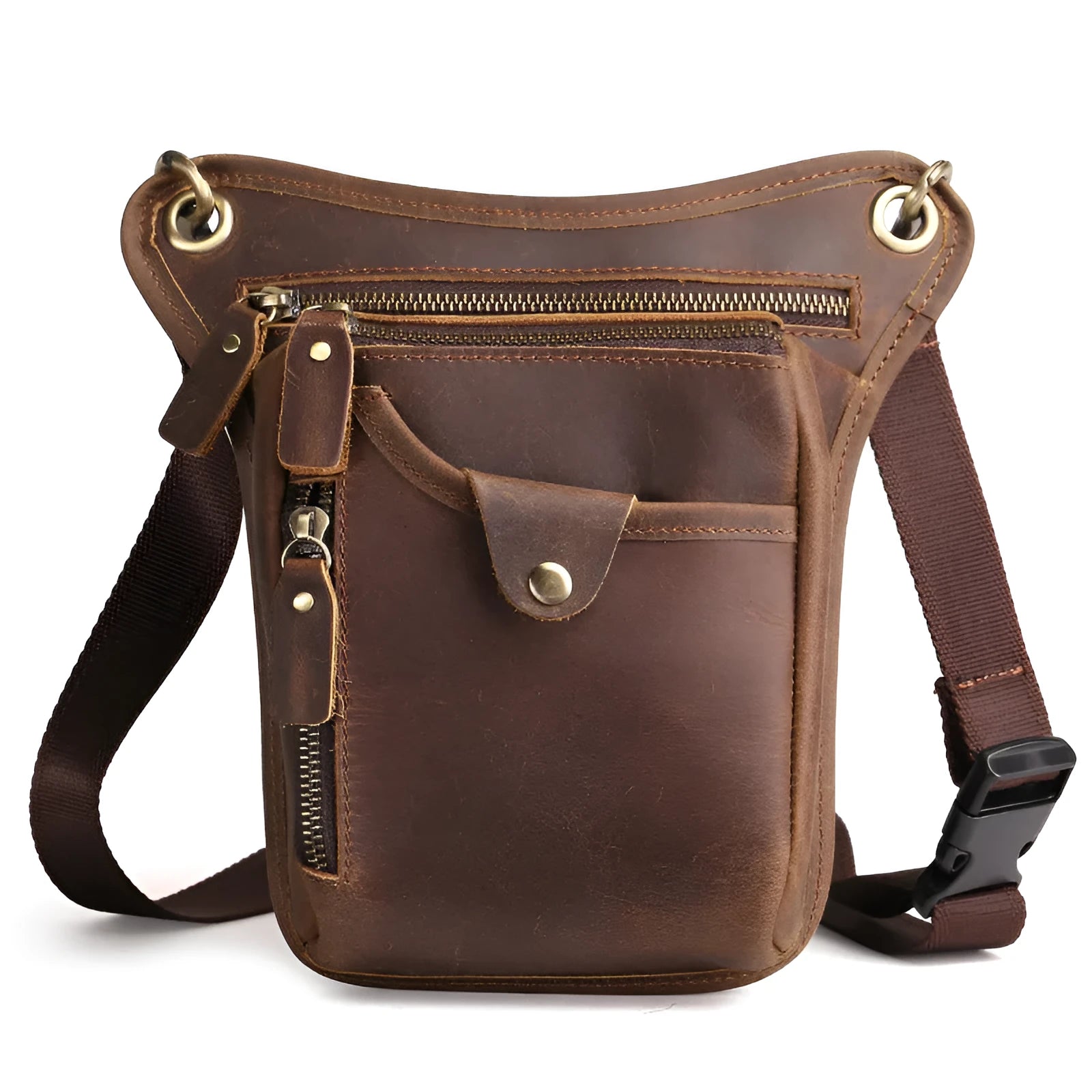 Crazy horse leather retro satchel bag with adjustable strap in distressed brown finish