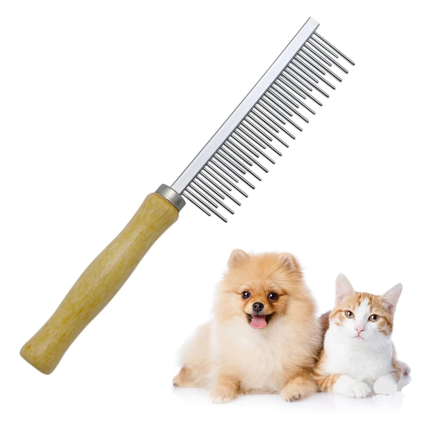 Wooden handled pet grooming comb with round-tipped teeth, shown next to a dog.
