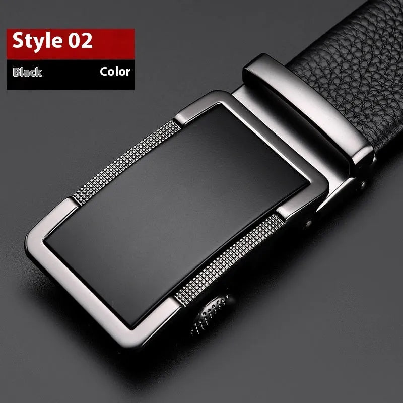 Men's gun black leather belt with a silver automatic click buckle, shown at a length of 120cm