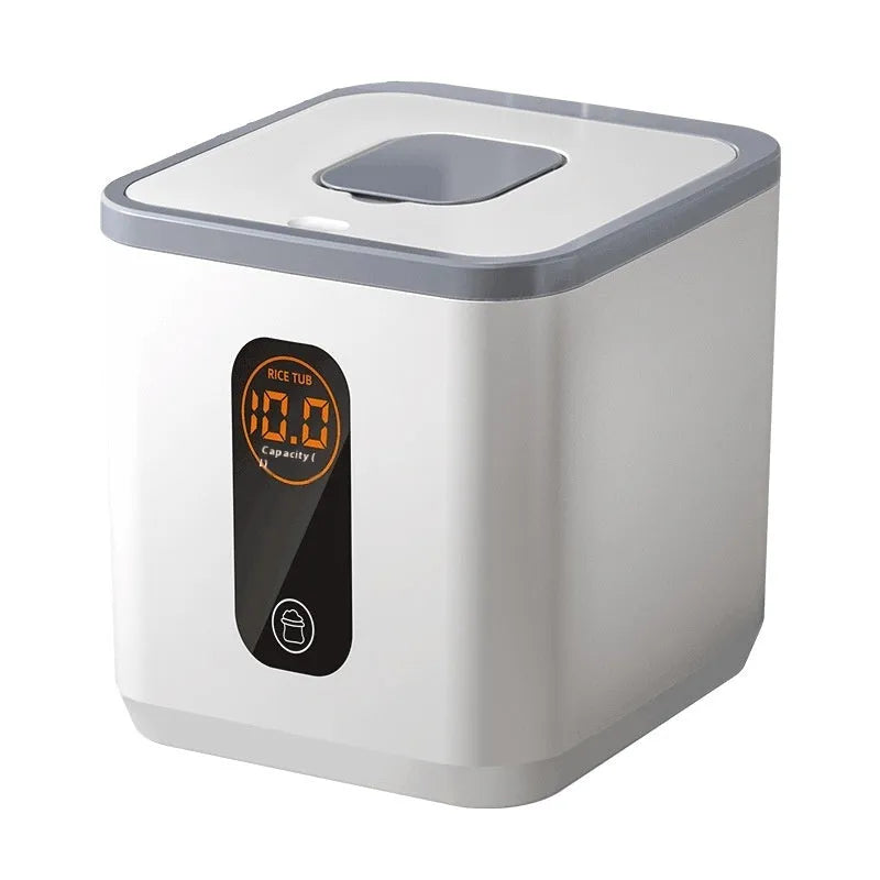 Grey plastic rice storage jar with airtight lid and measuring cup in 10kg, 20kg, and 30kg capacity options