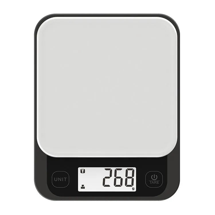 Black Bluetooth smart kitchen scale with nutrition calculator app on phone screen, 153x135x27mm