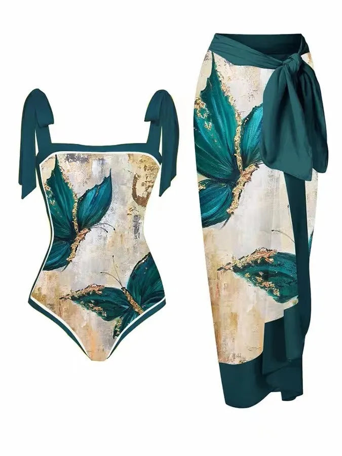 Women's two-piece floral printed polyester swimsuit with matching hip skirt in conservative style