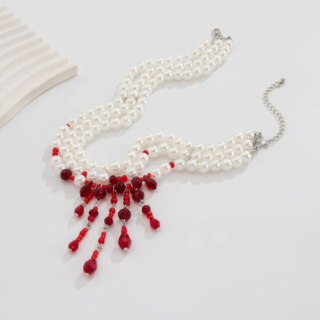 Halloween blood drop tassel necklace with artificial crystal pendant and imitation pearls on adjustable chain