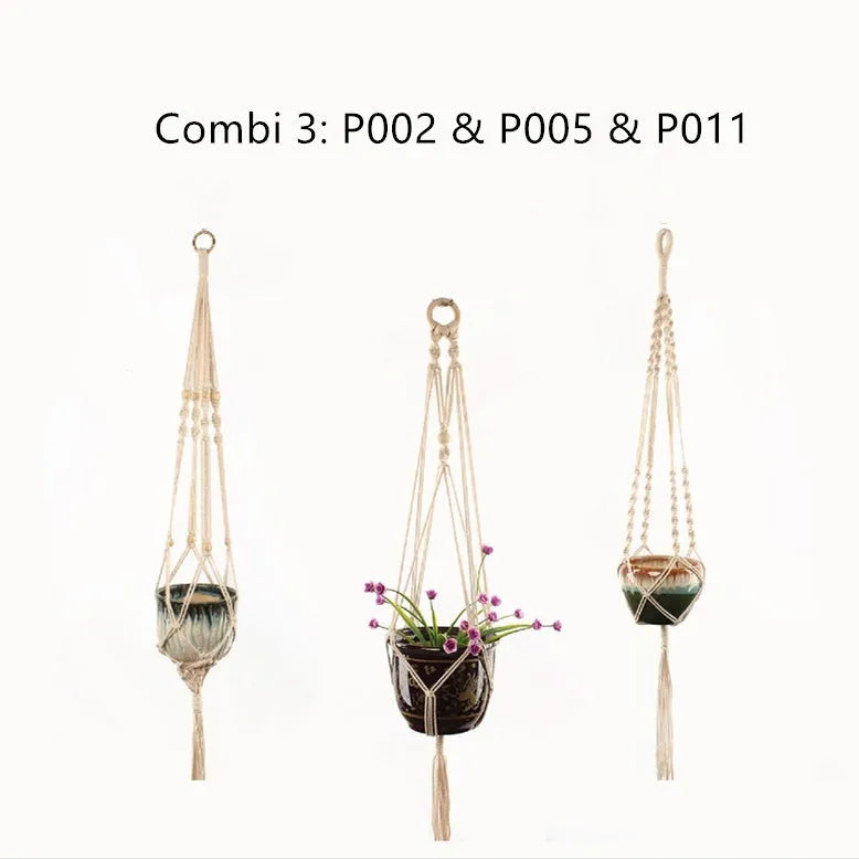 Woven wire cotton rope macramé plant hanger in a European village style, shown as a desktop, wall-mounted, and hanging basin.