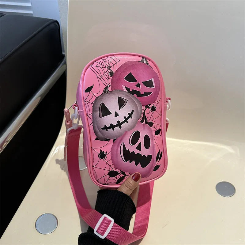 Halloween graffiti mini crossbody phone bag with cartoon pumpkin ghost bat print in black colour