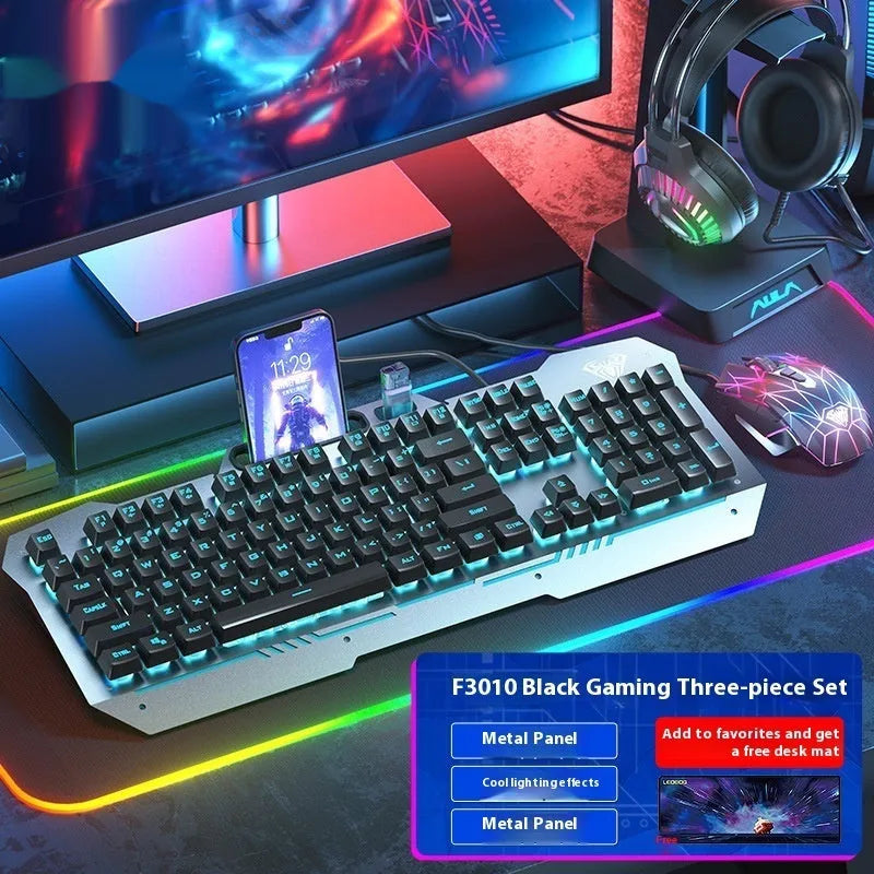 Black and white wired keyboard mouse headset bundle for desktop computer setups
