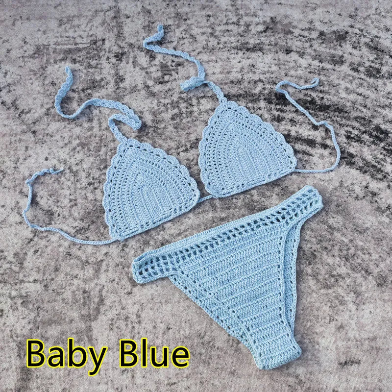 Women's 3-piece crochet bikini swimsuit set in a choice of colours on a mannequin.