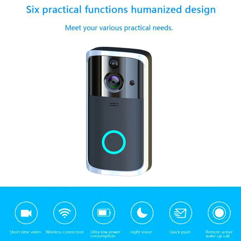 WiFi video doorbell camera in black, 7.5cm by 3.3cm by 14.4cm, with infrared night vision, two-way voice intercom