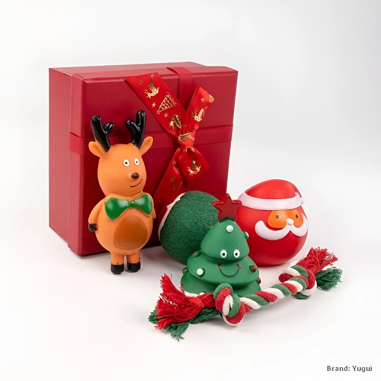 Christmas vinyl dog toy set with Santa Claus heads, trees, tennis balls, and bite ropes