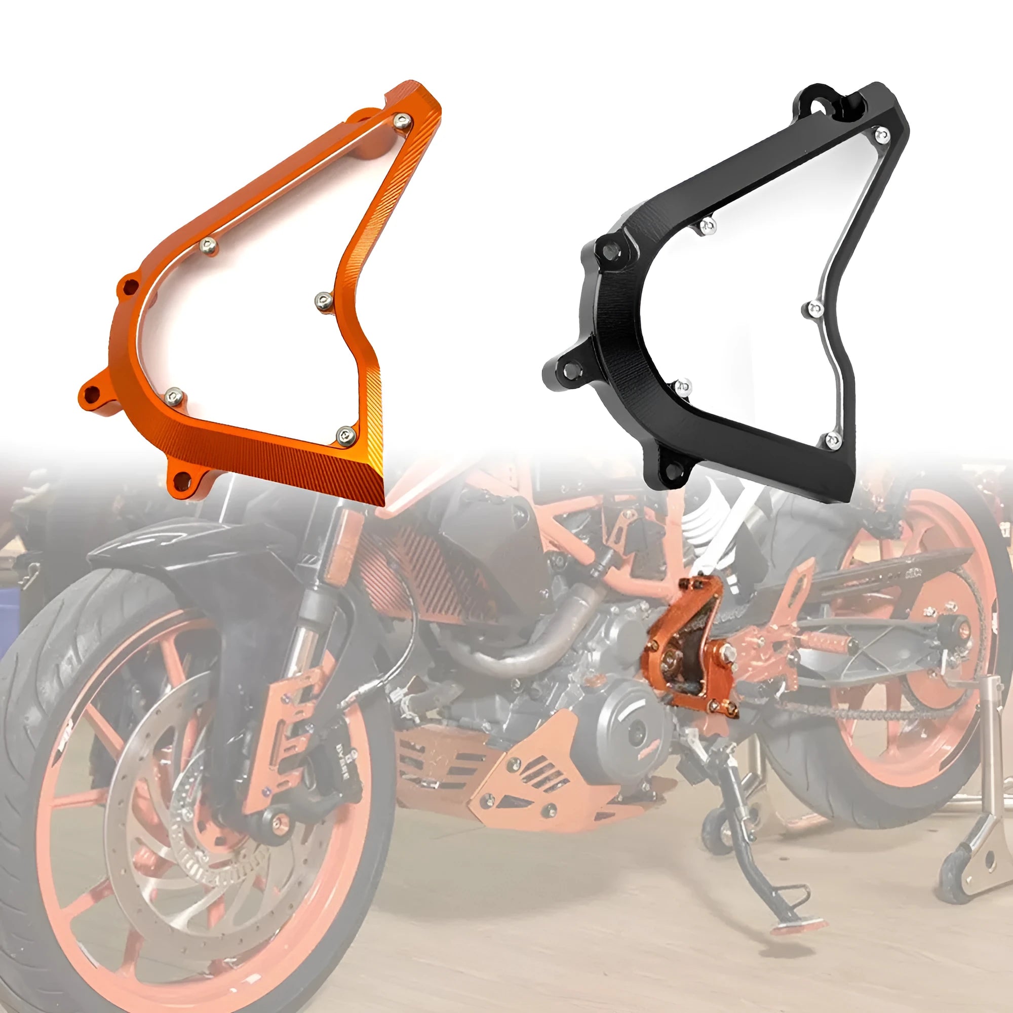 KTM Duke 250 390 chain front gear cover in black and orange options for 2017-2020 models