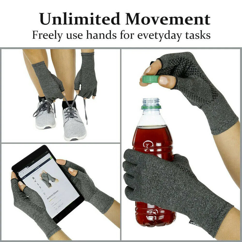 Gray half-finger joint compression gloves showing anti-slip grip details and polyester-spandex fabric texture