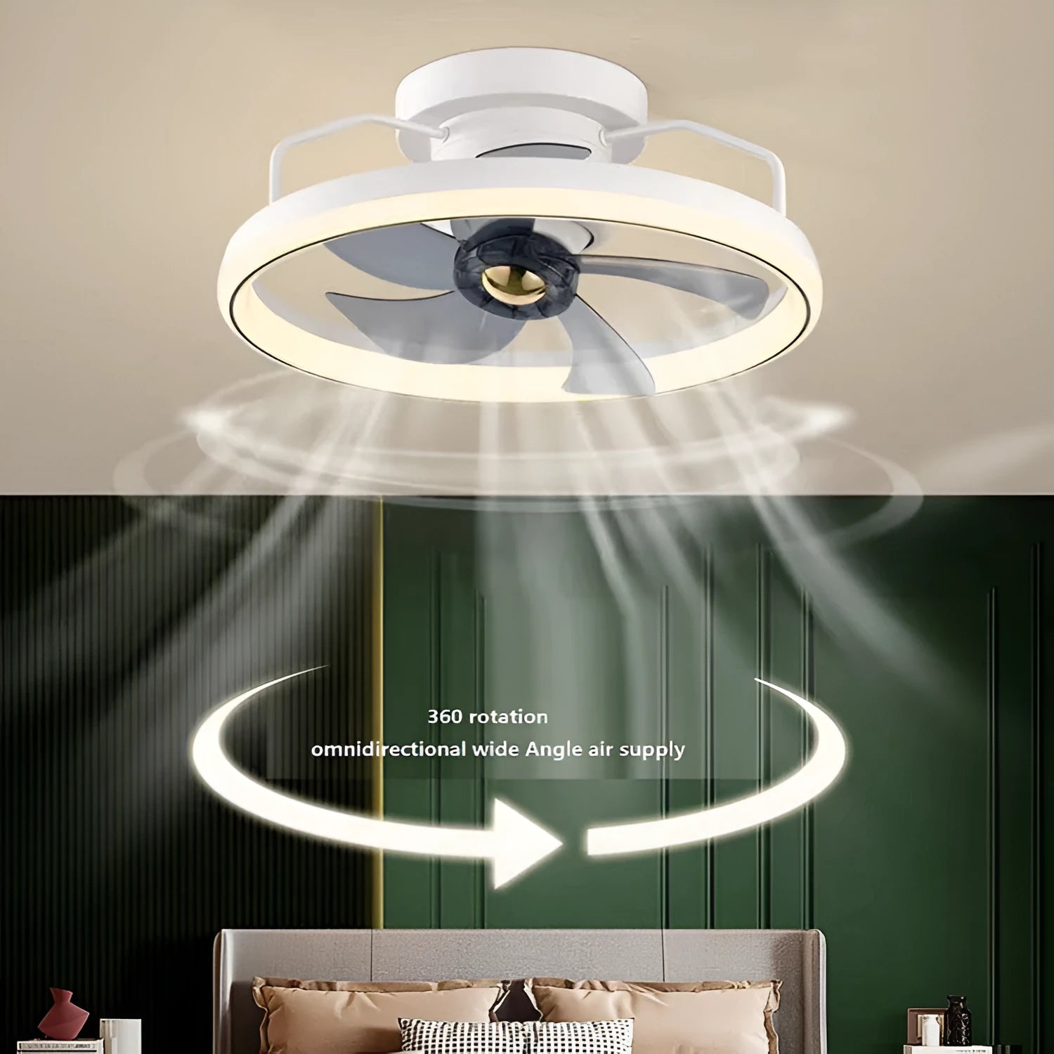 Modern ceiling fan light with white PC blades and acrylic lampshade showing 500mm diameter