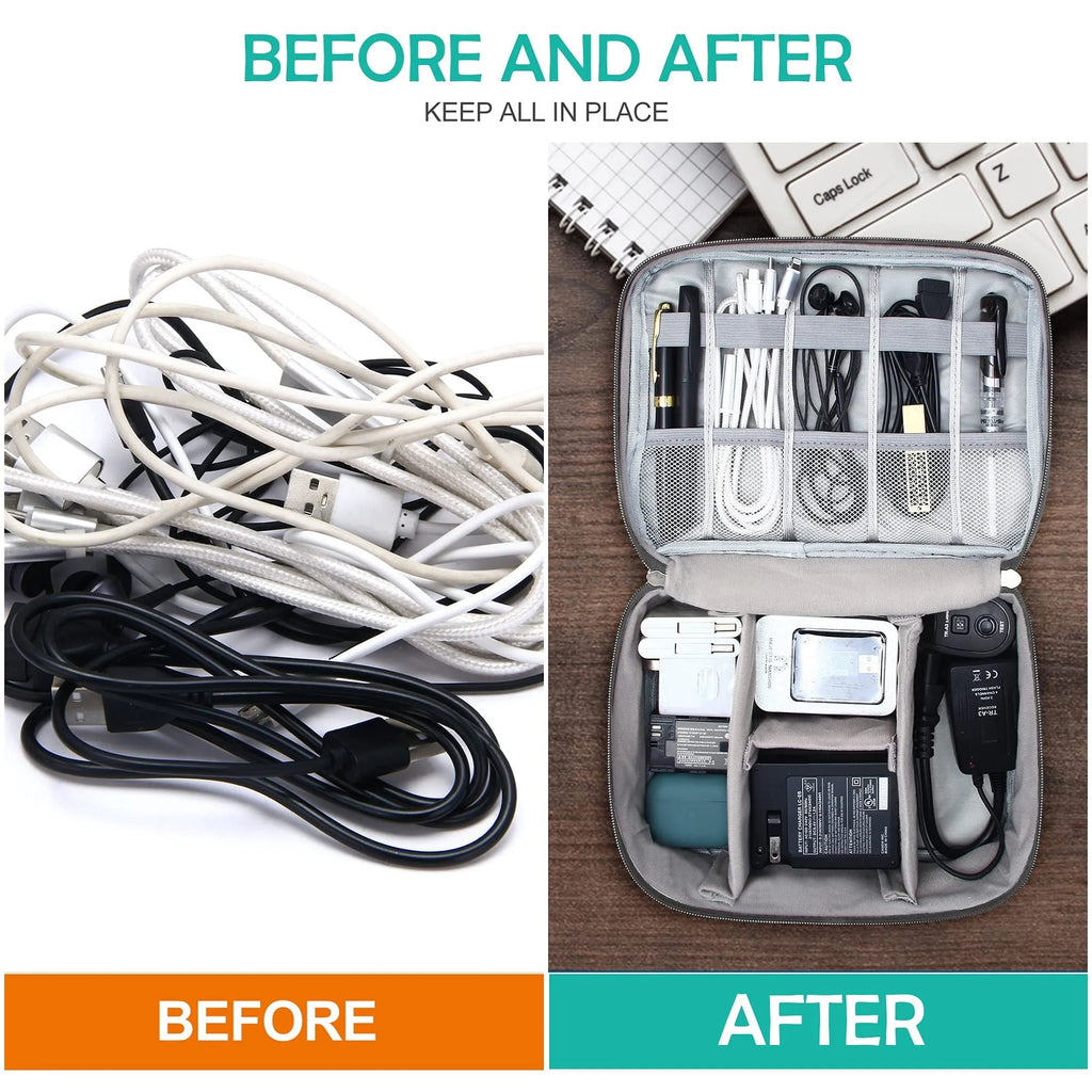 Black travel cable organiser bag open, showing mesh pockets, elastic loops, and removable padded dividers inside.