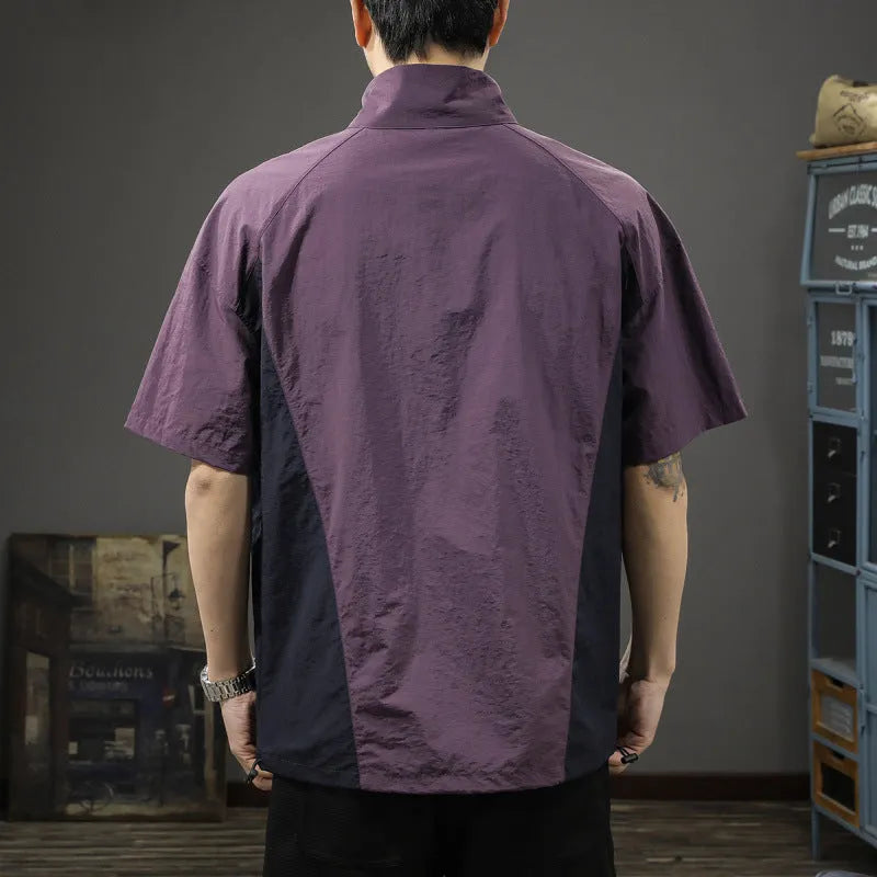 Men's brown half-zipped stand collar business casual shirt with short sleeves and ice silk fabric