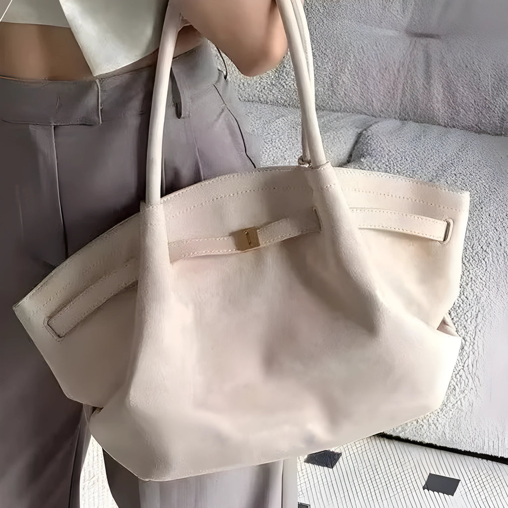 Milky white suede large capacity tote bag with double shoulder straps and zipper changing bag interior